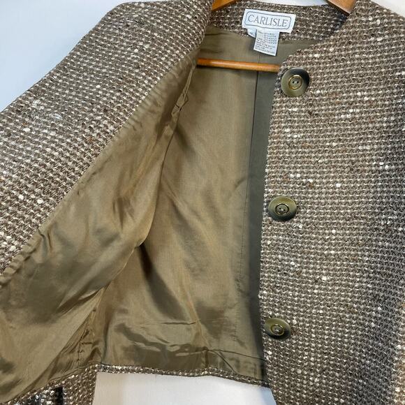Carlisle Vintage 80s 90s Taupe Classic Tailored Tweed Wool Cropped Jacket 8 M - Picture 5 of 12